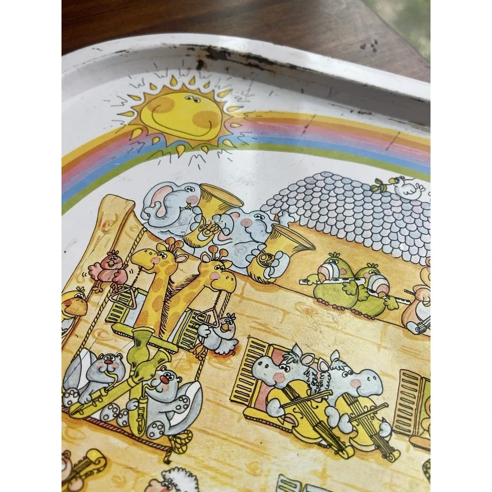 Vintage 1982 Enesco Metal Aluminum Tray Noah's Ark Animals By Twos‎ Rainbow